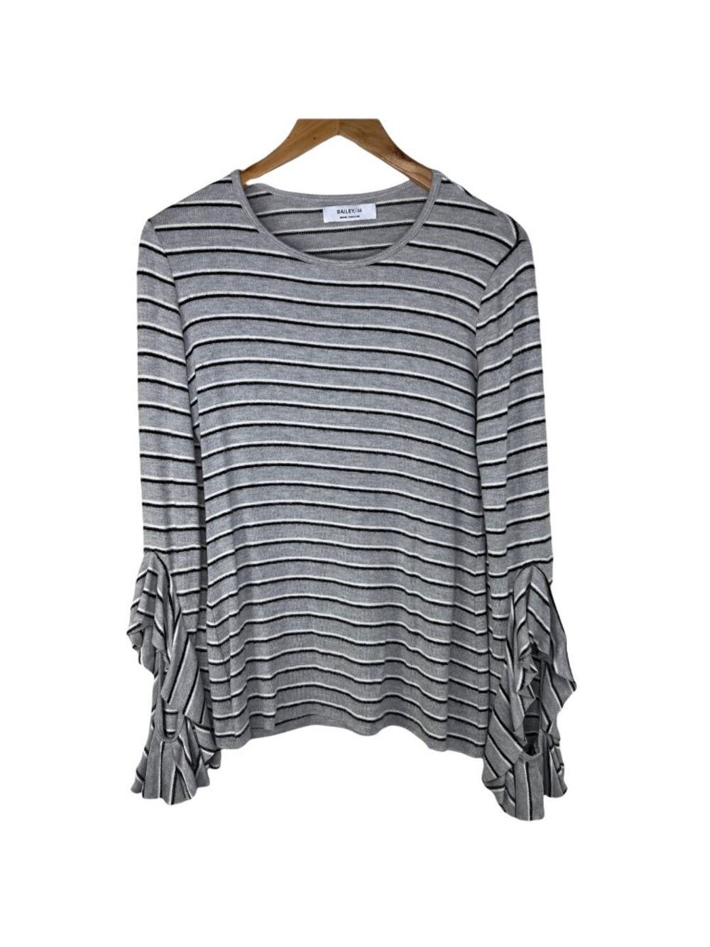 Bailey 44 Top  Medium Striped Crewneck Ruffle Long Sleeve Gray Modal Blend